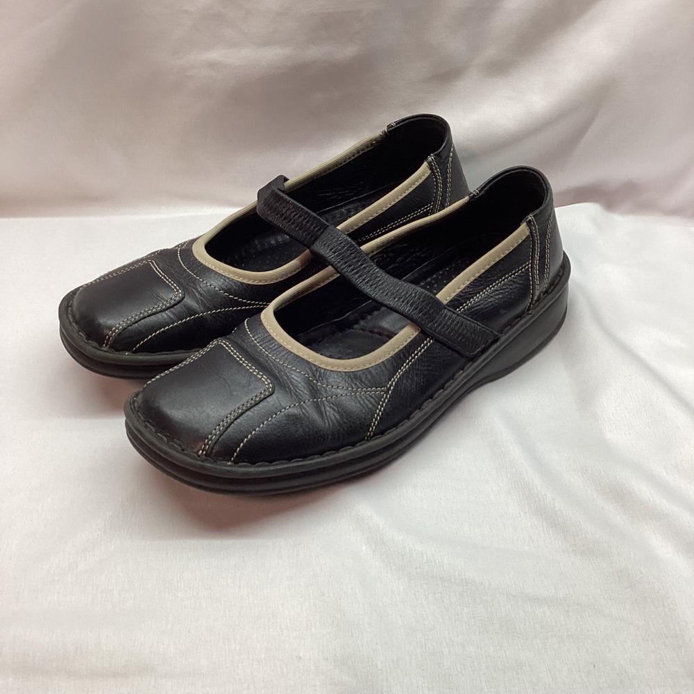 Josef Seibel Black Leather Mary Jane Flats Contrast Stitch Shoes Womens 38 US7.5